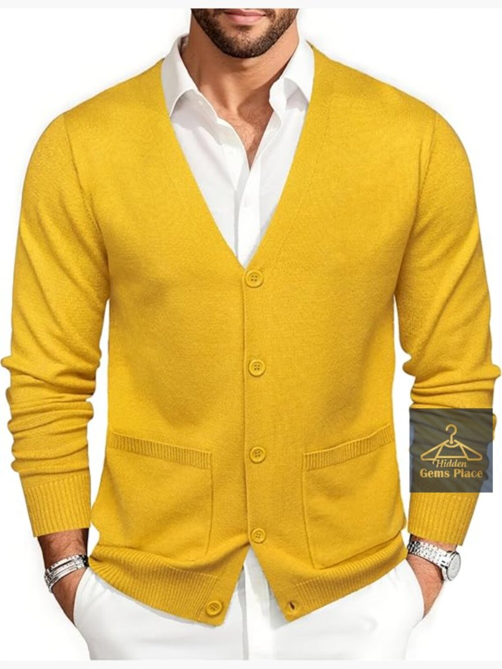 Men's V-Neck Cardigan Sweater Long Sleeve Solid Knitwear with Pockets Business